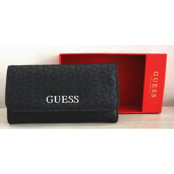Guess E9455151 Women's Black Logo Embossed Abbas SLG Tri-Fold Wallet - Picture 1 of 7